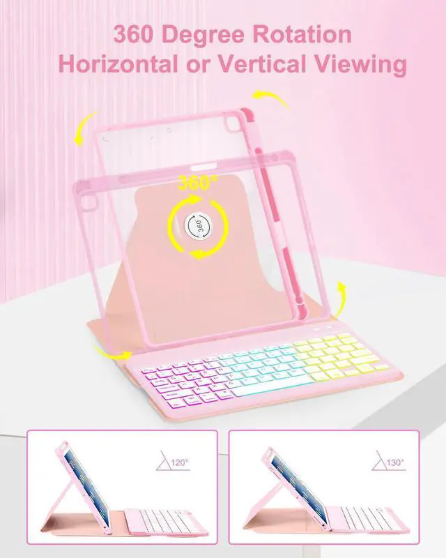 Alt view image 4 of 5 - EAMPANG Case with Keyboard for iPad 9th 8th 7th Generation 10.2 inch,7 Rainbow Backlit Detachable Wireless Keyboard Rotatable Magnetic Cover with Pencil Holder for iPad Air 3rd Gen/Pro 10.5 Pink
