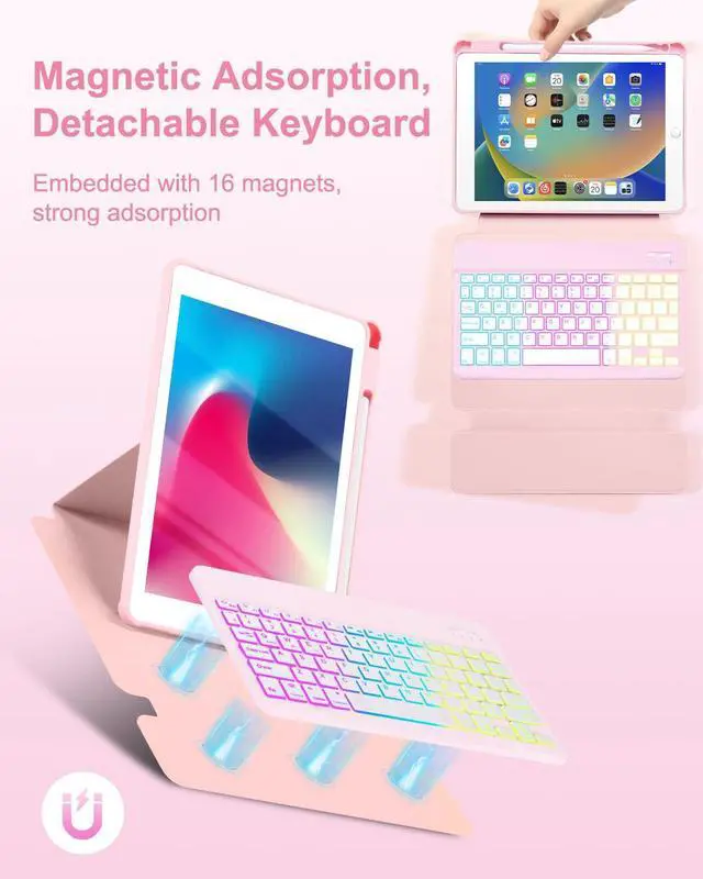 Alt view image 5 of 5 - EAMPANG Case with Keyboard for iPad 9th 8th 7th Generation 10.2 inch,7 Rainbow Backlit Detachable Wireless Keyboard Rotatable Magnetic Cover with Pencil Holder for iPad Air 3rd Gen/Pro 10.5 Pink