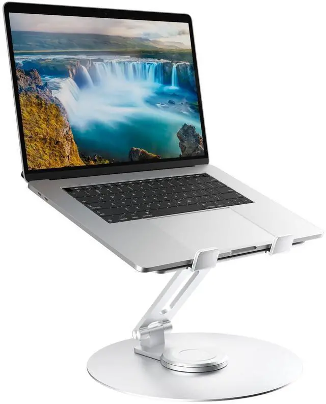Main image of Swivel Laptop Stand for Desk, Adjustable Height Aluminum Computer Stand with 360 Rotating Base, Foldable Ergonomic Riser, Portable Laptop Holder Compatible with MacBook, All Laptops 10-17'', Chrome
