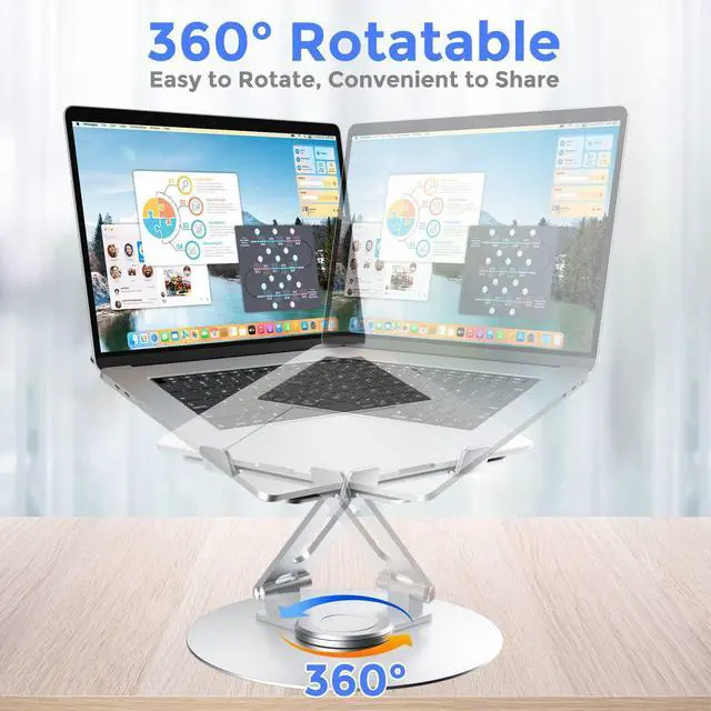 Alt view image 2 of 5 - Swivel Laptop Stand for Desk, Adjustable Height Aluminum Computer Stand with 360 Rotating Base, Foldable Ergonomic Riser, Portable Laptop Holder Compatible with MacBook, All Laptops 10-17'', Chrome