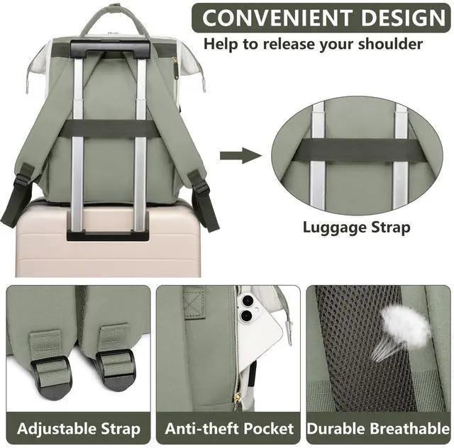 Alt view image 4 of 5 - Laptop Backpack Women Work Bag: 15.6 inch Work Bookbag with USB Charging Port Large Travel Backpack Purse for College Nurse Casual Daypack for Teacher Professional Computer Backpack Beige Light Green