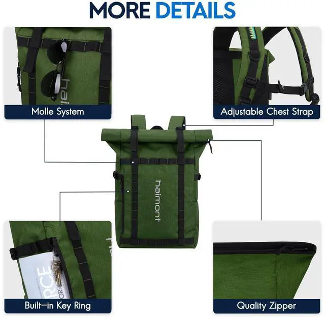Alt view image 4 of 5 - Haimont Rolltop Backpack Commuter Carry on Backpack for Women Men Water-Resistant Daypack with Multiple Pockets, 20L, Army Green