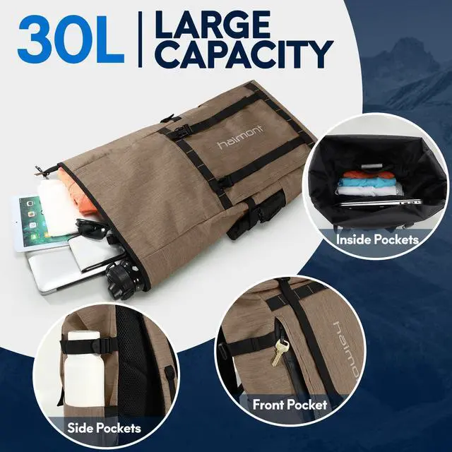 Alt view image 4 of 5 - Haimont Rolltop Backpack for Men Women Water-Resistant Carry on Travel Backpack Casual Daypack with Laptop Compartment for Work Trip Hiking, 20L, Khaki