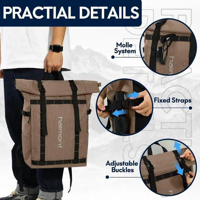 Alt view image 5 of 5 - Haimont Rolltop Backpack for Men Women Water-Resistant Carry on Travel Backpack Casual Daypack with Laptop Compartment for Work Trip Hiking, 20L, Khaki