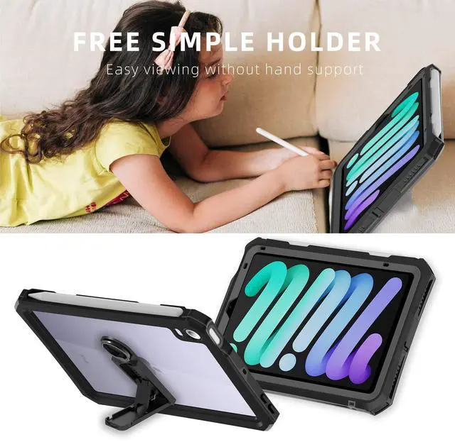 Alt view image 2 of 5 - for iPad Mini 6/7 Case 2021/2024 - Waterproof Case with Built-in Screen Protector - Full Protection Shockproof Cover with Strap Stand Pencil Holder Kickstand, Black