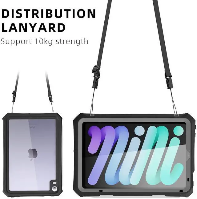 Alt view image 5 of 5 - for iPad Mini 6/7 Case 2021/2024 - Waterproof Case with Built-in Screen Protector - Full Protection Shockproof Cover with Strap Stand Pencil Holder Kickstand, Black