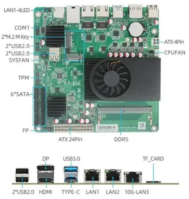Alt view image 4 of 5 - HKUXZR 1 * 10G 2*i226-V 2.5G 3LAN Intel N100 NAS Motherboard 6-Bay 6*SATA3.0 2*M.2 NVMe 1*DDR5 Soft Router ITX Mainboard