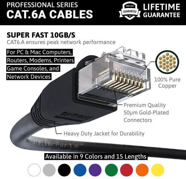 Alt view image 2 of 5 - InstallerParts Ethernet Cable CAT6A Cable UTP Booted 50 FT - Black - Professional Series - 10Gigabit/Sec Network/High Speed Internet Cable, 550MHZ