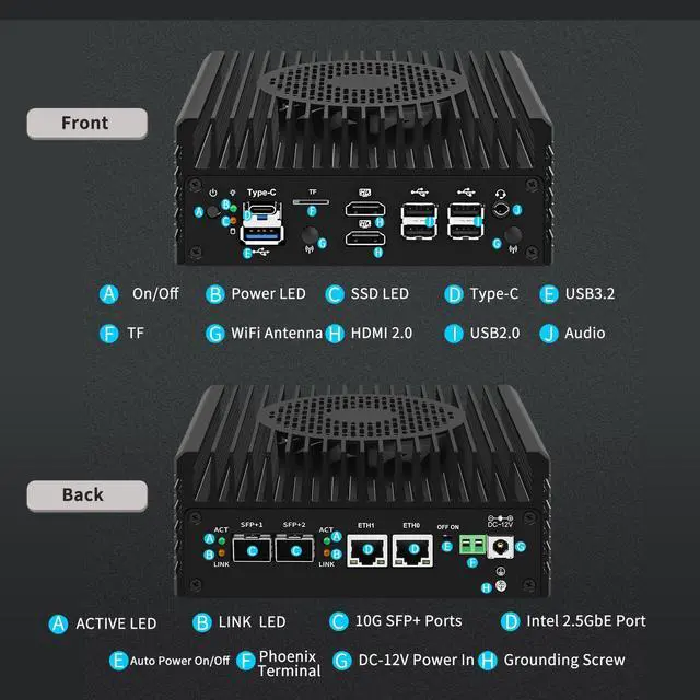 Alt view image 4 of 5 - Firewall Mini PC 2x10G SFP+ Ports,Intel Alder Lake i3-N305(8C/8T,up to 3.8GHz) 2X i226-V 2.5GbE Mini Soft Router,SODIMM DDR5+M.2 NVMe SSD/2HDMI/USB2.0/USB3.2Gen1/Type-C Mini Desktop Computer