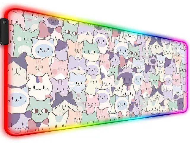 Main image of JIANG100 RGB Cute Pink Cat Gaming Desk Mat, Computer Keyboard Large Extended Kawaii Pastel Cat LED Mouse Pad for Office and Home, 31.5x11.8 Inches, XL