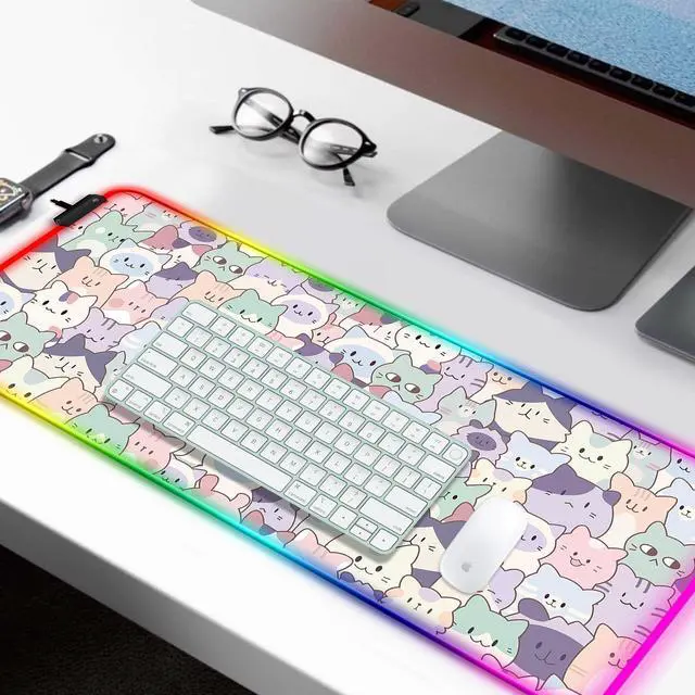 Alt view image 2 of 5 - JIANG100 RGB Cute Pink Cat Gaming Desk Mat, Computer Keyboard Large Extended Kawaii Pastel Cat LED Mouse Pad for Office and Home, 31.5x11.8 Inches, XL