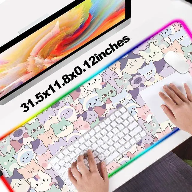 Alt view image 5 of 5 - JIANG100 RGB Cute Pink Cat Gaming Desk Mat, Computer Keyboard Large Extended Kawaii Pastel Cat LED Mouse Pad for Office and Home, 31.5x11.8 Inches, XL