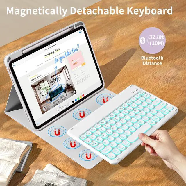 Alt view image 2 of 5 - kenke for iPad 11/10th Gen Case with Keyboard 11/10.9 inch 2025 A16/2022, Detachable Wireless Bluetooth Keyboard Case with Right Side Pencil Holder, Backlit White Circular Keycaps (Gray