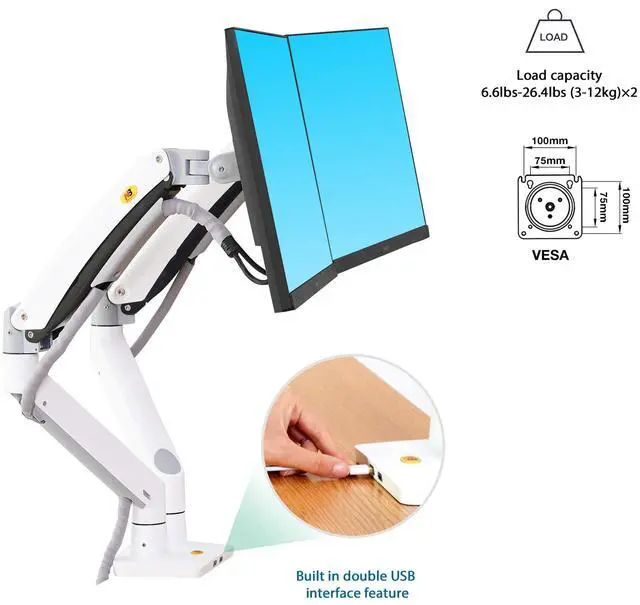 Alt view image 5 of 5 - NB North Bayou Dual Monitor Desk Mount Stand Full Motion Swivel Computer Monitor Arm Fits 2 Screens up to 32'' with Load Capacity 6.6~26.4lbs for Each Monitor G75-W