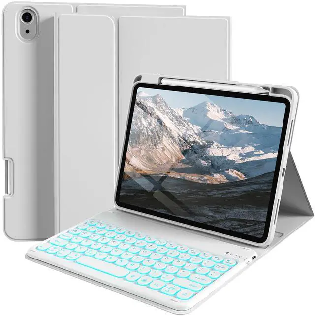 Main image of kenke for iPad 11/10th Gen Case with Keyboard 11/10.9 inch 2025 A16/2022, Detachable Wireless Bluetooth Keyboard Case with Right Side Pencil Holder, Backlit White Circular Keycaps (Gray