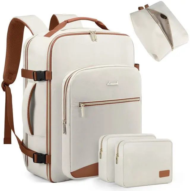 Main image of LOVEVOOK Carry on Backpack, 50L Travel Backpack Women for Airplanes, 18inch Laptop Backpack with Toiletry Bag Carry on Bags for Airplanes Casual Daypack for Weekender Overnight Hiking, Beige-Brown