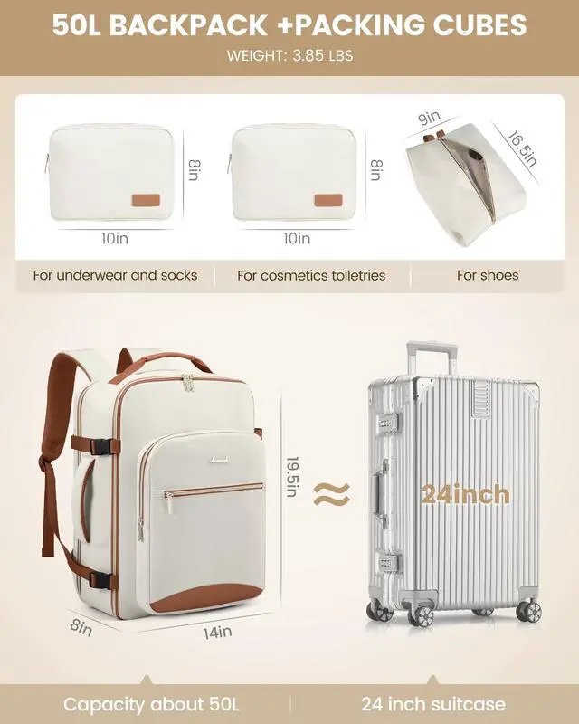 Alt view image 5 of 5 - LOVEVOOK Carry on Backpack, 50L Travel Backpack Women for Airplanes, 18inch Laptop Backpack with Toiletry Bag Carry on Bags for Airplanes Casual Daypack for Weekender Overnight Hiking, Beige-Brown