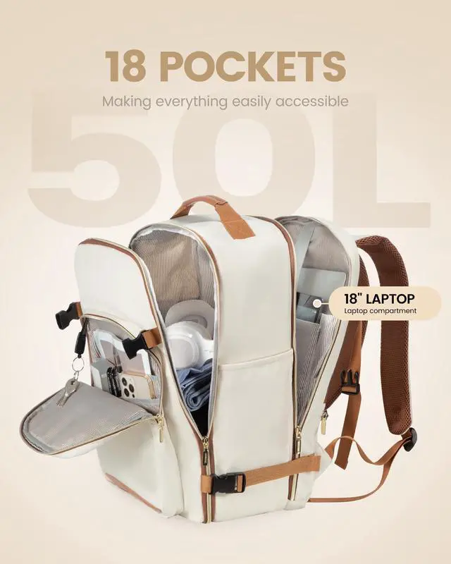 Alt view image 3 of 5 - LOVEVOOK Carry on Backpack, 50L Travel Backpack Women for Airplanes, 18inch Laptop Backpack with Toiletry Bag Carry on Bags for Airplanes Casual Daypack for Weekender Overnight Hiking, Beige-Brown