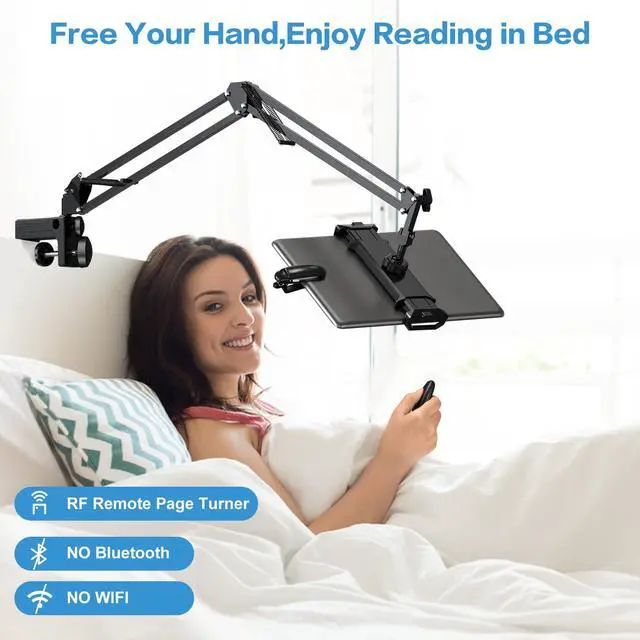 Alt view image 2 of 5 - Tablet Holder for Kindle Reading in Bed with Remote Page Turner, Lazy Arm Stand for Kindle Accessories Paperwhite Colorsoft, Desk Bedside Stand for Pad,Ebook APP,Gifts for Readers Women Men (Black)