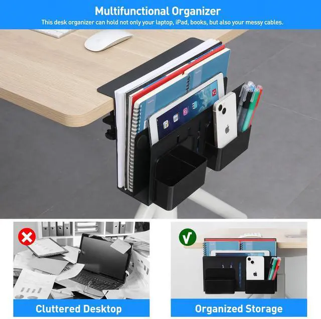 Alt view image 3 of 5 - MAXECHO Desk Side Storage, Under Desk Laptop Mount, Table Side Hanging File Organizer, No Drill Clamp On Cable Management Tray, Laptop Holder with Magnetic Pen Holder for Office and Home, Load 22 Lbs