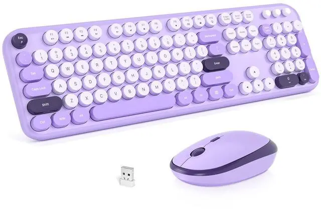 Main image of Wireless Keyboard and Mouse Combo, MOWUX Full Size Typewriter Retro Round Computer Keyboard, Cute Optical Mouse Wireless, Plug and Play, for Laptop, PC, Computer- Violet Field