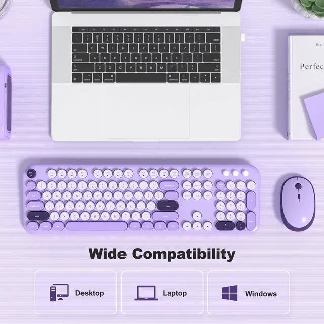 Alt view image 3 of 5 - Wireless Keyboard and Mouse Combo, MOWUX Full Size Typewriter Retro Round Computer Keyboard, Cute Optical Mouse Wireless, Plug and Play, for Laptop, PC, Computer- Violet Field