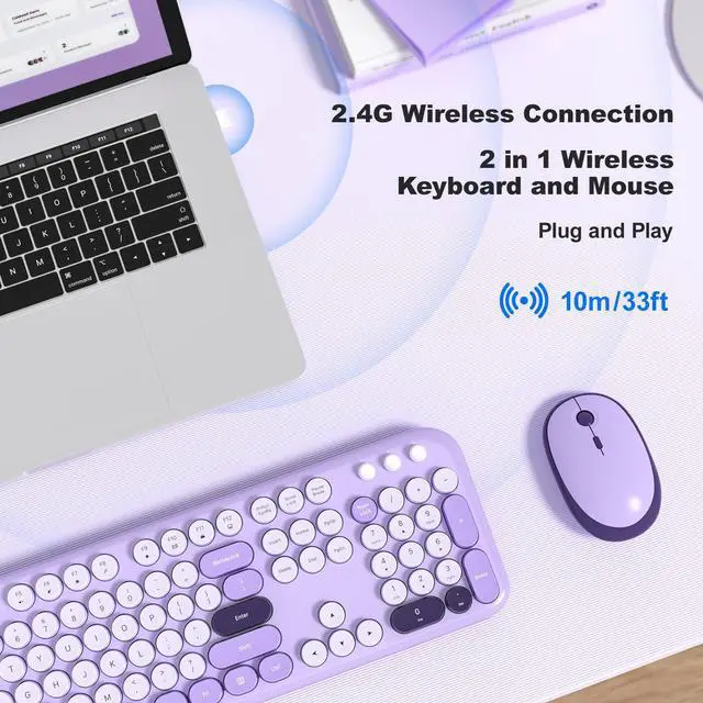 Alt view image 2 of 5 - Wireless Keyboard and Mouse Combo, MOWUX Full Size Typewriter Retro Round Computer Keyboard, Cute Optical Mouse Wireless, Plug and Play, for Laptop, PC, Computer- Violet Field