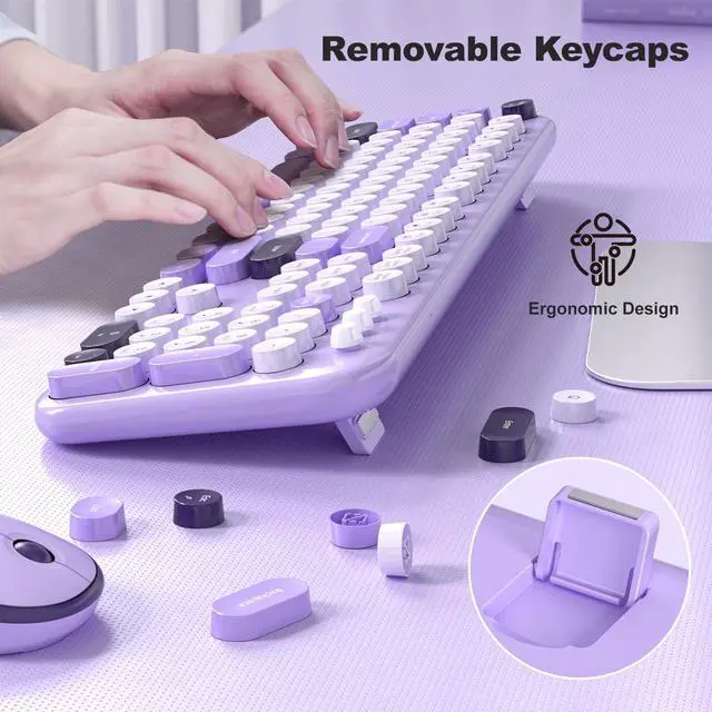 Alt view image 5 of 5 - Wireless Keyboard and Mouse Combo, MOWUX Full Size Typewriter Retro Round Computer Keyboard, Cute Optical Mouse Wireless, Plug and Play, for Laptop, PC, Computer- Violet Field