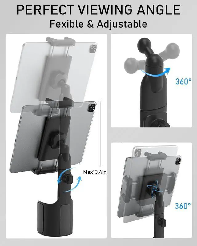 Alt view image 2 of 5 - NATDETC 3 in 1 Car Tablet Cup Holder, Car Cup Tablet Mount for Car/Truck, Car Travel Essentials, Compatible with iPad Pro Air Mini, Fire HD, iPhone 16, Galaxy S24 Z Fold 5 or Other 4.7-12.9" Devices