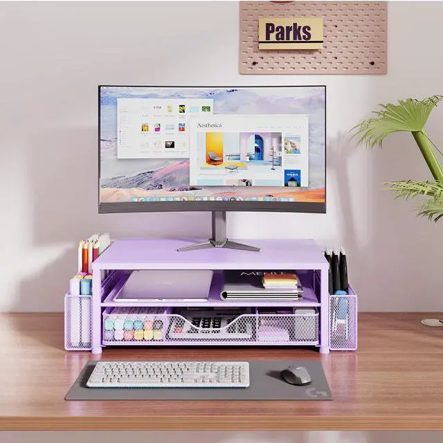 Alt view image 2 of 5 - OPNICE Desk Organizers and Accessories, 2-Tier Computer Monitor Stand for Desk Organizer with Drawer and 2 Pen Holders, Office Desk Accessories Workspace Desktop Organizers for Office Supplies, Purple