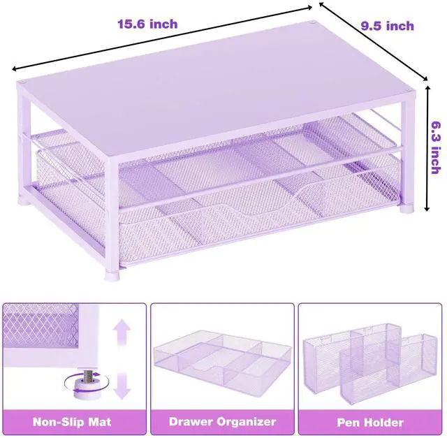 Alt view image 3 of 5 - OPNICE Desk Organizers and Accessories, 2-Tier Computer Monitor Stand for Desk Organizer with Drawer and 2 Pen Holders, Office Desk Accessories Workspace Desktop Organizers for Office Supplies, Purple