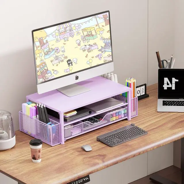 Alt view image 5 of 5 - OPNICE Desk Organizers and Accessories, 2-Tier Computer Monitor Stand for Desk Organizer with Drawer and 2 Pen Holders, Office Desk Accessories Workspace Desktop Organizers for Office Supplies, Purple