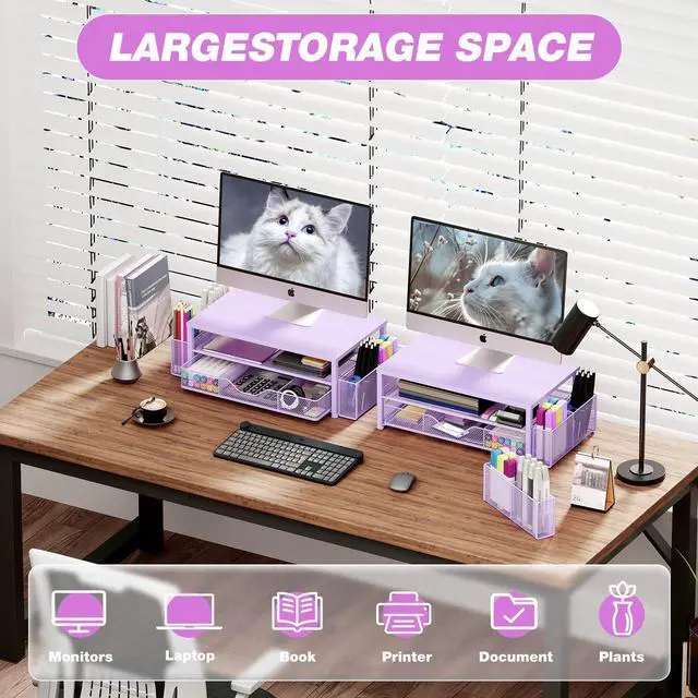 Alt view image 4 of 5 - OPNICE Desk Organizers and Accessories, 2-Tier Computer Monitor Stand for Desk Organizer with Drawer and 2 Pen Holders, Office Desk Accessories Workspace Desktop Organizers for Office Supplies, Purple