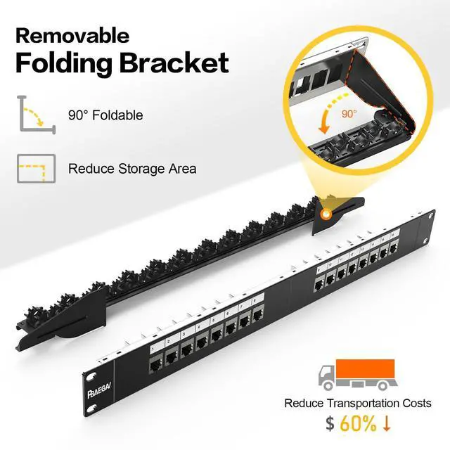 Alt view image 2 of 5 - PBAEGAV Patch Panel 16 Port with 16pcs Cat6A Keystone Jack Shielded Fold Keystone Patch Panel 19Inch with Cable Management and Support Bar