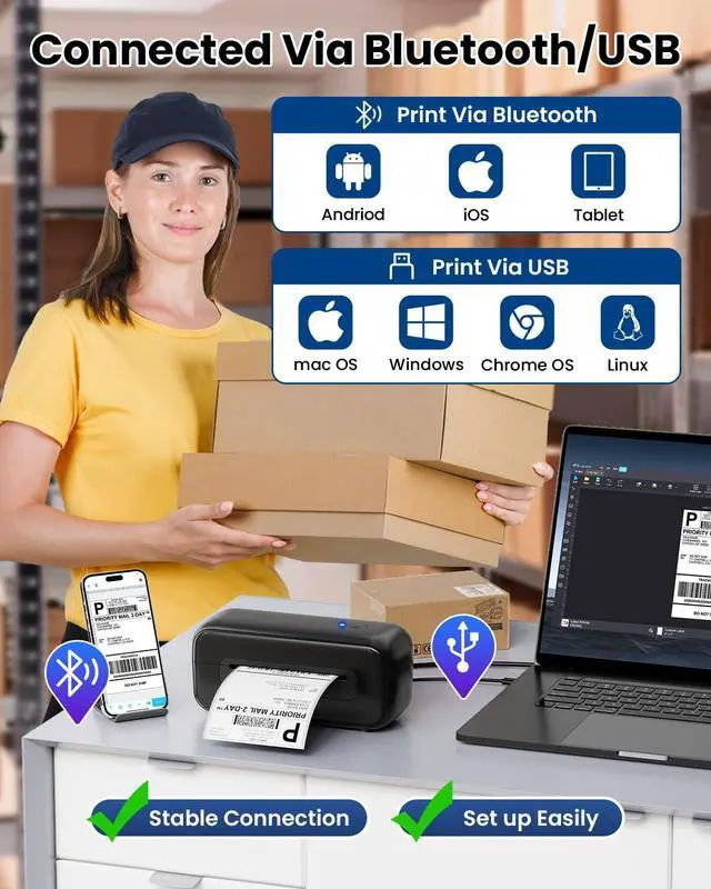 Alt view image 2 of 5 - Phomemo Black Bluetooth Thermal Label Printer with Brown Thermal Labels for Shipping Label Printer