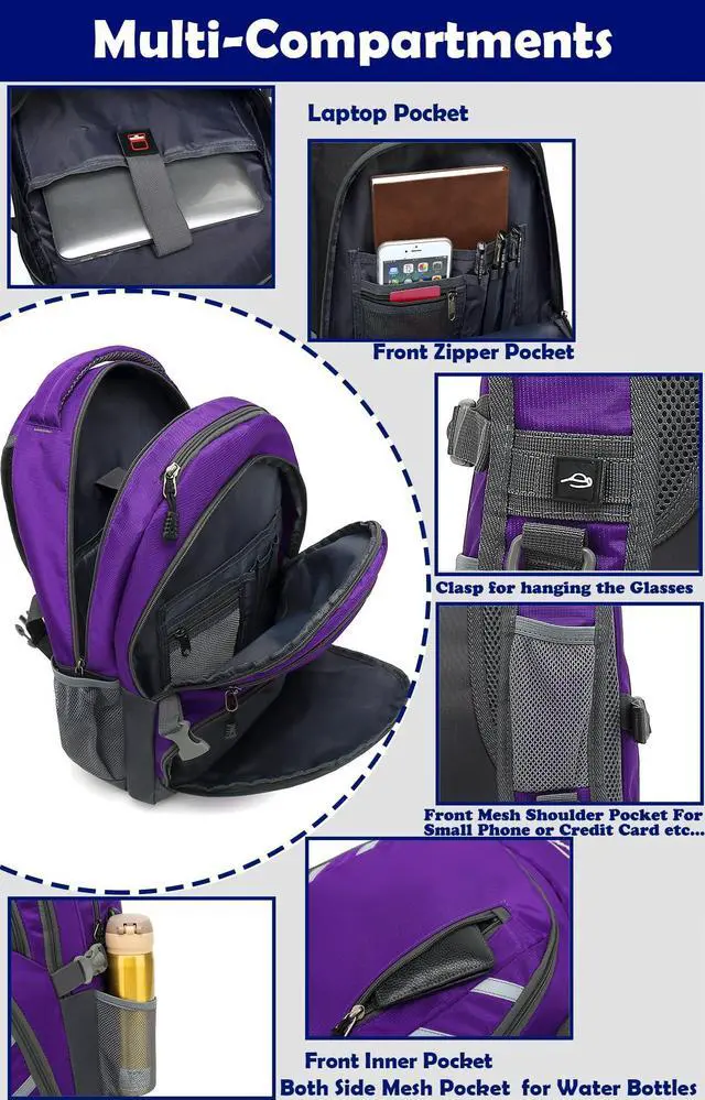 Alt view image 2 of 5 - Backpack Bookbag for College Laptop Travel, Fit Laptop Up to 15.6 inch with USB Charging Port Multi Compartment Anti theft, Gift for Women Men (Purple)
