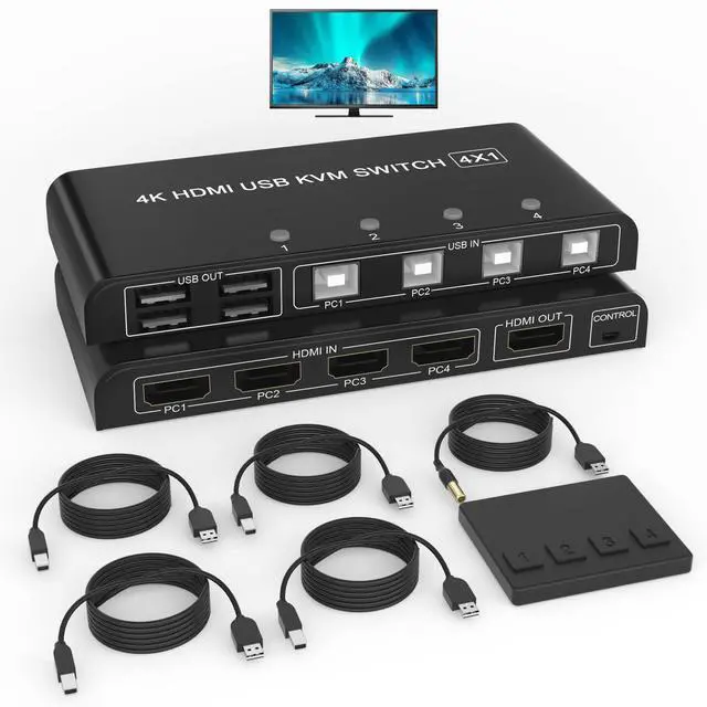 Main image of KVM Switch HDMI 4 Ports 4K@60Hz, USB KVM Switch 4 Computers with 4 USB Cables + Button Swapping, Sharing 4K Monitor & 4 USB Keyboard|Mouse|Scanner|Printer