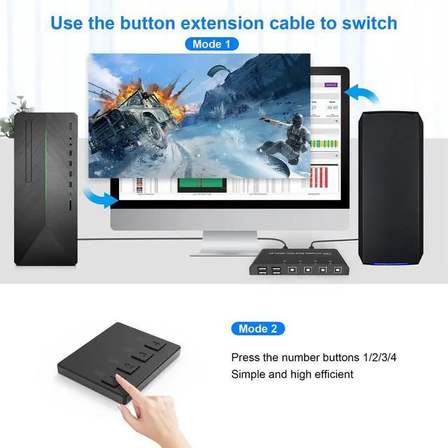 Alt view image 5 of 5 - KVM Switch HDMI 4 Ports 4K@60Hz, USB KVM Switch 4 Computers with 4 USB Cables + Button Swapping, Sharing 4K Monitor & 4 USB Keyboard|Mouse|Scanner|Printer