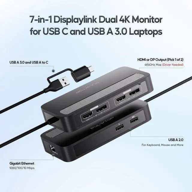 Alt view image 2 of 5 - PULWTOP Dual DisplayLink Docking Station, USB C Docking Station Dual 4K@60Hz Display for MacBook M1/M2/M3/Windows, Universal Laptop Docking Station, DisplayPort or HDMI, 2 USB A 2.0, Ethernet