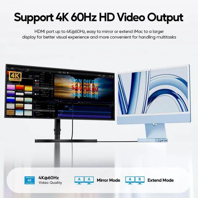 Alt view image 4 of 5 - PULWTOP Upgraded 11 in 1 USB C Hub for iMac 24 inch USB Hub 2021 2023 2024 Support M.2 SSD (NOT Included), iMac Hub M1 M3 M4 Accessories, 4K HDMI, 2.5G Ethernet, 5 USB A/C Max 10Gbps, SD/TF - Blue