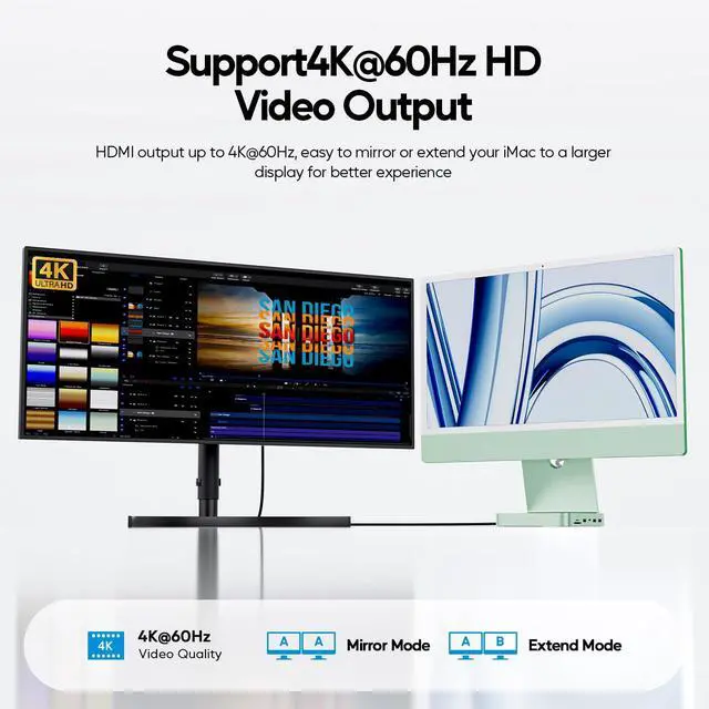 Alt view image 4 of 5 - PULWTOP Upgraded 11 in 1 USB C Hub for iMac 24 inch USB Hub 2021 2023 2024 Support M.2 SSD (NOT Included), iMac Hub M1 M3 M4 Accessories, 4K HDMI, 2.5G Ethernet, 5 USB A/C Max 10Gbps, SD/TF - Green