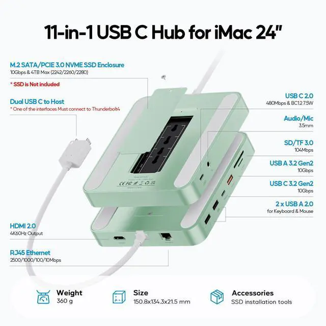 Alt view image 2 of 5 - PULWTOP Upgraded 11 in 1 USB C Hub for iMac 24 inch USB Hub 2021 2023 2024 Support M.2 SSD (NOT Included), iMac Hub M1 M3 M4 Accessories, 4K HDMI, 2.5G Ethernet, 5 USB A/C Max 10Gbps, SD/TF - Green