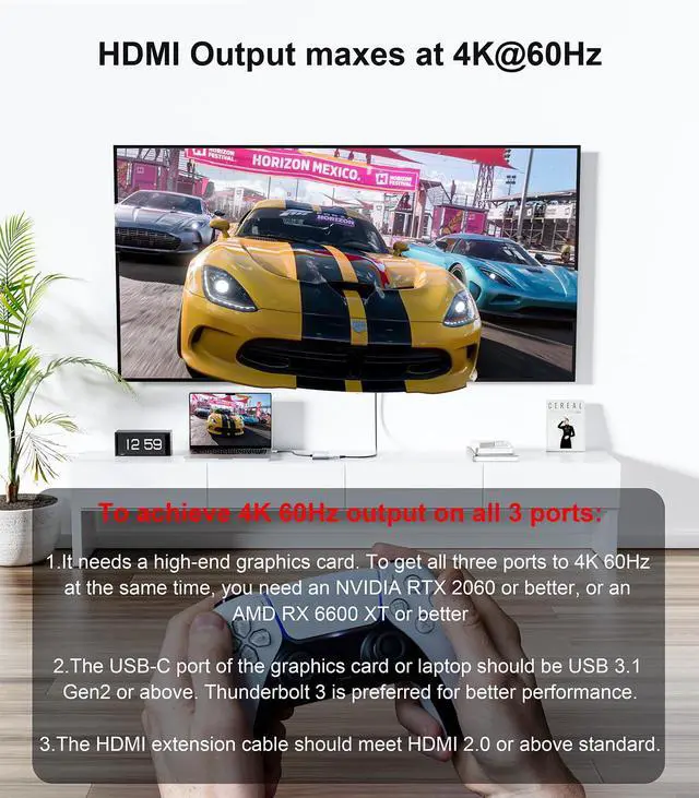 Alt view image 2 of 5 - Reborn USB-C to 3 HDMI Adapter with 100W PD, 4K@60Hz USB Type-C to HDMI 1 in 3 Out Splitter for 3-Port USB-C Multi-Monitor Adapter, Compatible with PC/macOS/Linux and More