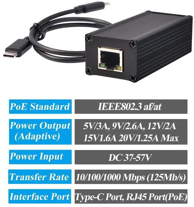 Alt view image 2 of 5 - REVODATA 25W Gigabit PoE to USB-C Driver Converter for Phone/Tablet, PoE to Type-C Power Output with Ethernet 2 in 1, 5V/9V/12V/15V/20V Adaptive Output, Plug & Play (GPD2CAT-20V)