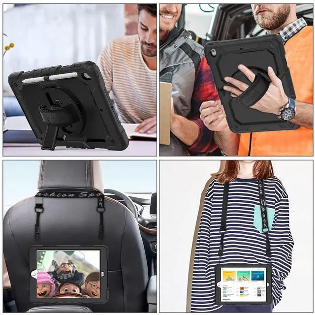 Alt view image 4 of 5 - SEYMAC stock Case for iPad 9th/ 8th/ 7th Generation 10.2'', Shockproof with Screen Protector, Pencil Holder [360deg Rotating Hand Strap] & Stand, for iPad 10.2 inch 2021-2019 (Black)