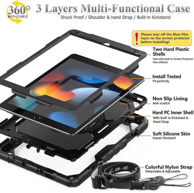 Alt view image 5 of 5 - SEYMAC stock Case for iPad 9th/ 8th/ 7th Generation 10.2'', Shockproof with Screen Protector, Pencil Holder [360deg Rotating Hand Strap] & Stand, for iPad 10.2 inch 2021-2019 (Black)