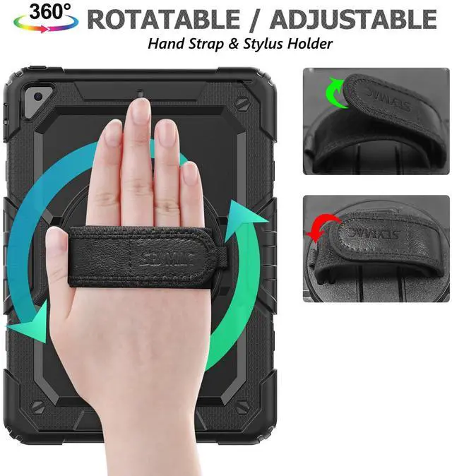 Alt view image 2 of 5 - SEYMAC stock Case for iPad 9th/ 8th/ 7th Generation 10.2'', Shockproof with Screen Protector, Pencil Holder [360deg Rotating Hand Strap] & Stand, for iPad 10.2 inch 2021-2019 (Black)