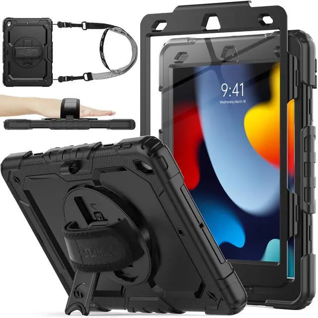 Main image of SEYMAC stock Case for iPad 9th/ 8th/ 7th Generation 10.2'', Shockproof with Screen Protector, Pencil Holder [360deg Rotating Hand Strap] & Stand, for iPad 10.2 inch 2021-2019 (Black)