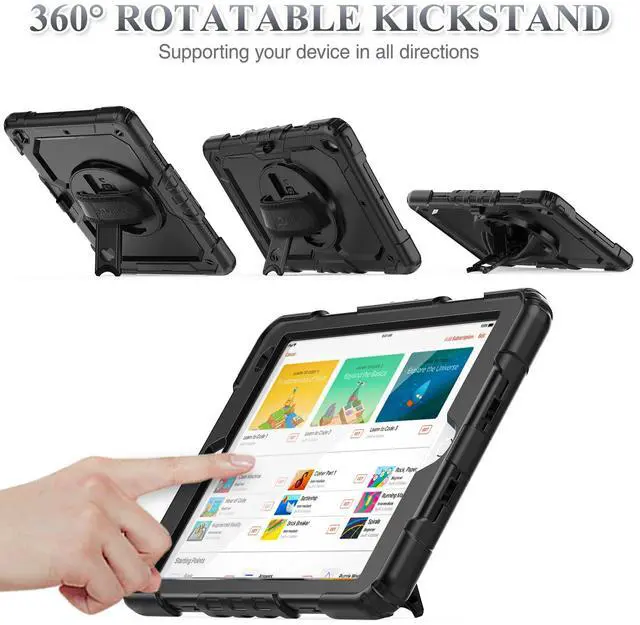 Alt view image 3 of 5 - SEYMAC stock Case for iPad 9th/ 8th/ 7th Generation 10.2'', Shockproof with Screen Protector, Pencil Holder [360deg Rotating Hand Strap] & Stand, for iPad 10.2 inch 2021-2019 (Black)