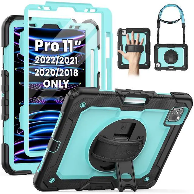 Main image of SEYMAC Case for iPad Pro 11 Case 4th/ 3rd/ 2nd/ 1st Gen (2022/2021/2020/2018), Full-Body Shockproof Protective Case with Screen Protector, 360° Rotating Stand and Hand/Shoulder Strap, Sky Blue